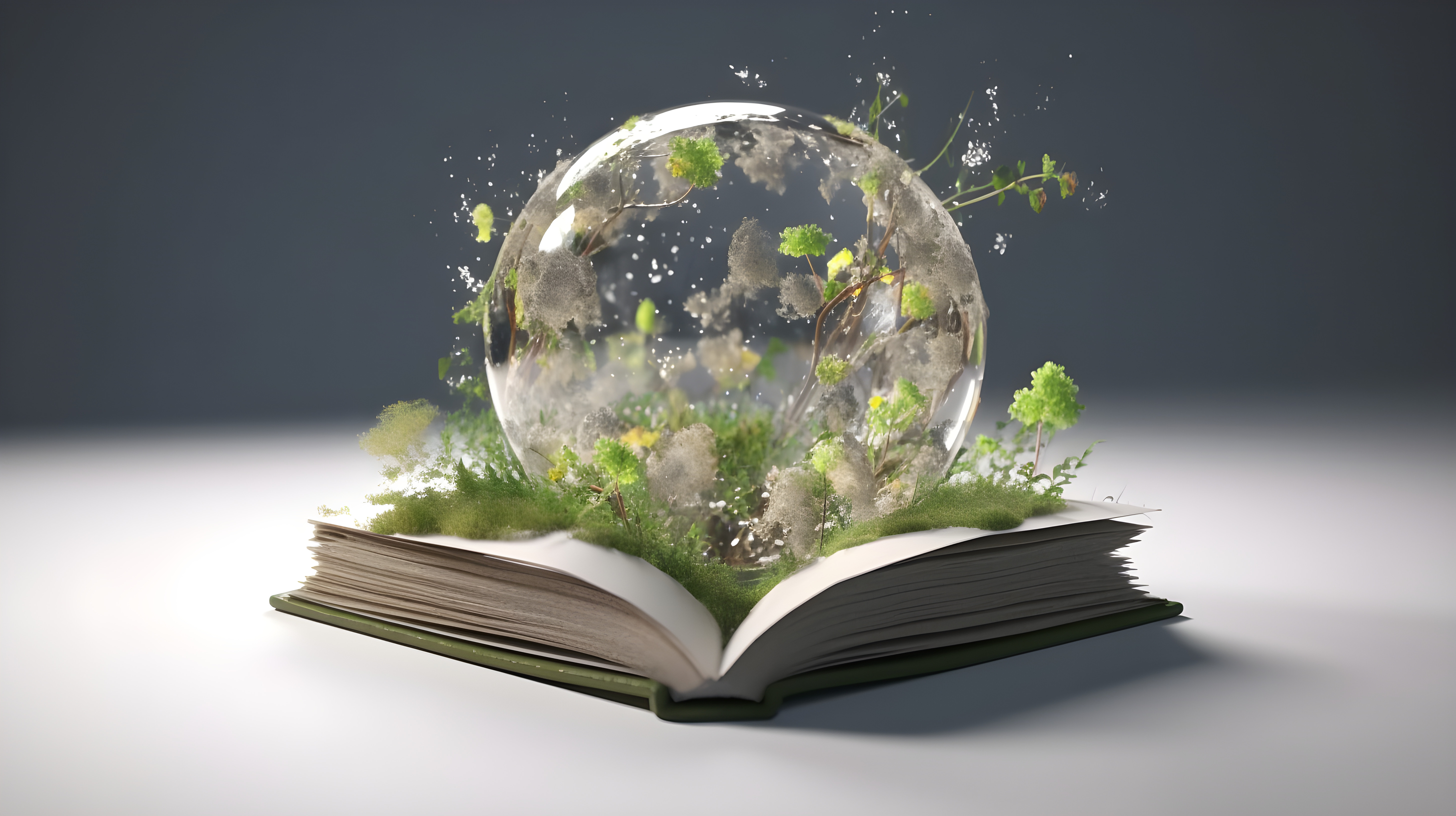 Open book with greenery and globe