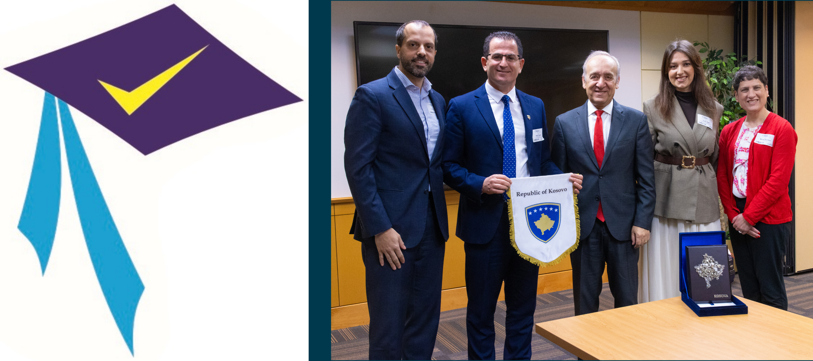 Icon from KAA's logo and a group shop of Agency representatives and CHEA president Nasser H. Paydar