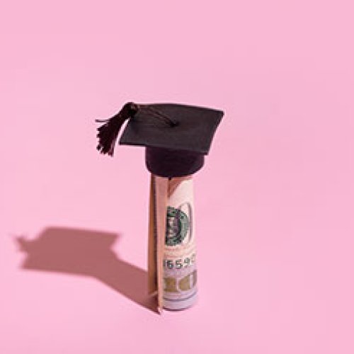 Dollar bill and Mortar board on pink background