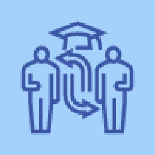 Two human figures with arrows pointing between them and a mortarboard in the background.